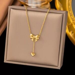 Luxury Bow & Heart Necklace - Elegant Korean Gold - Plated Y Pendant Chain