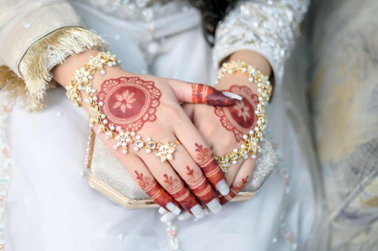 Crafting Captivating Headlines: Your awesome post title goes here Close-up of a bride's hands adorned with henna tattoos, bracelets, and elegant jewelry.